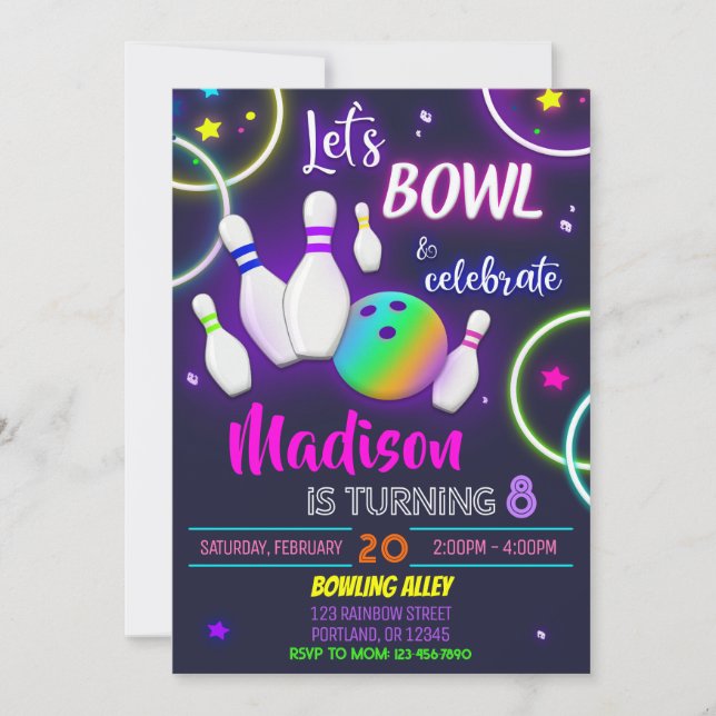 Invitation d'anniversaire de bowling Neon invitati (Devant)