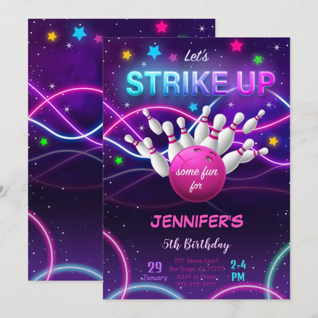 Invitation d'anniversaire de bowling pour fille (Devant / Derrière)