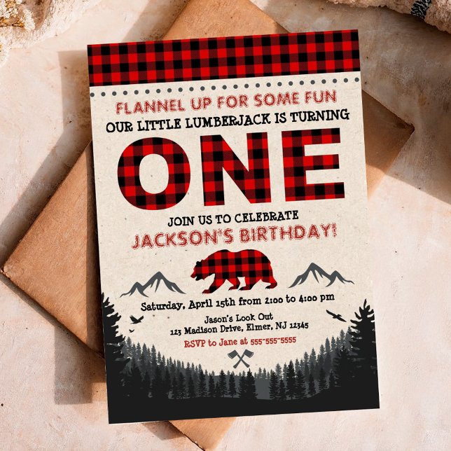 Invitation d'anniversaire de bûcheron à carreaux d (Créateur téléchargé)