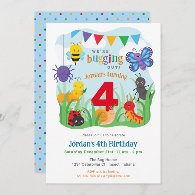 Invitation d'anniversaire de bugs, jolie fête de b (Devant / Derrière)