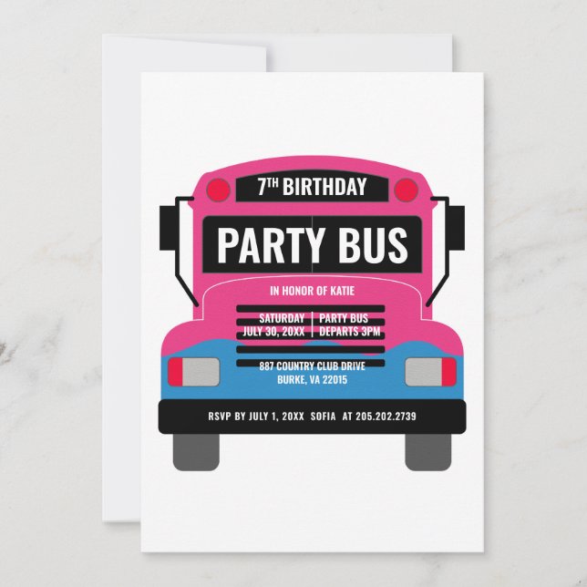 Invitation d'anniversaire de bus de fête (Devant)
