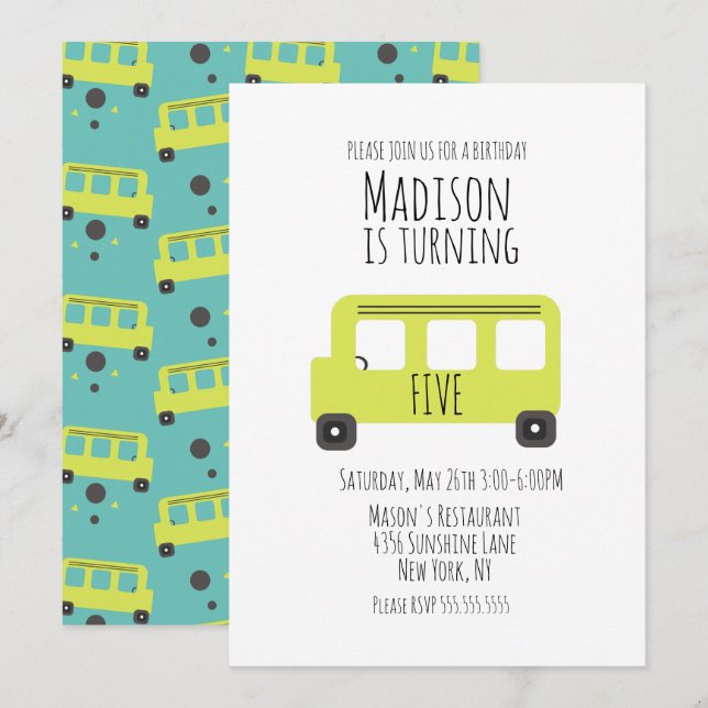 Invitation d'anniversaire de bus pour tout âge (Devant / Derrière)
