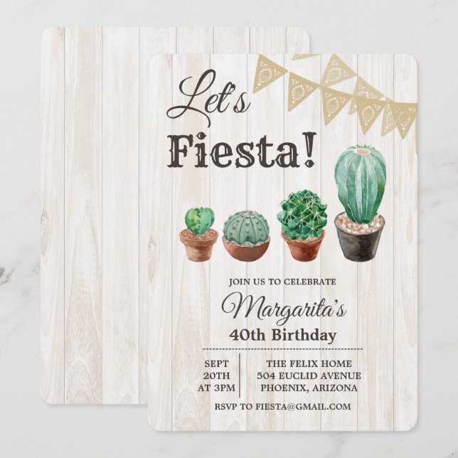 Invitation d'anniversaire de cactus de fête pour t (Devant / Derrière)