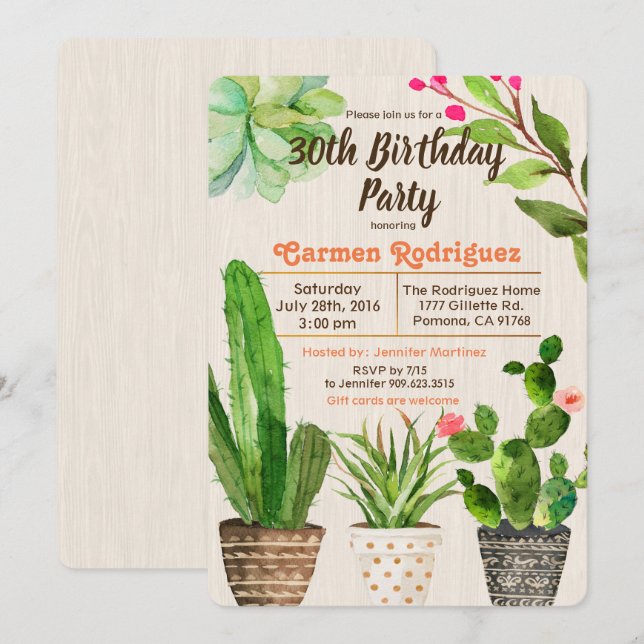 Invitation d'anniversaire de cactus succulent pour (Devant / Derrière)