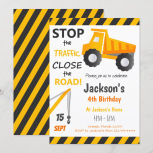Invitation d'anniversaire de camion à benne de con