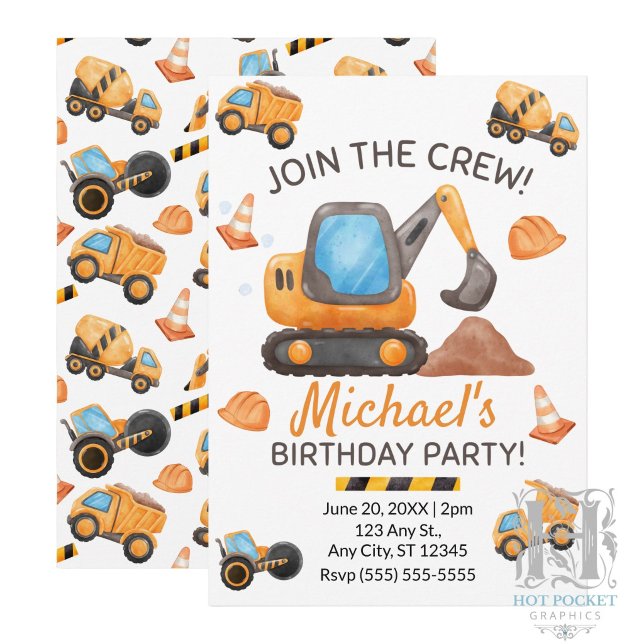 Invitation d'anniversaire de camion de constructio (Créateur téléchargé)