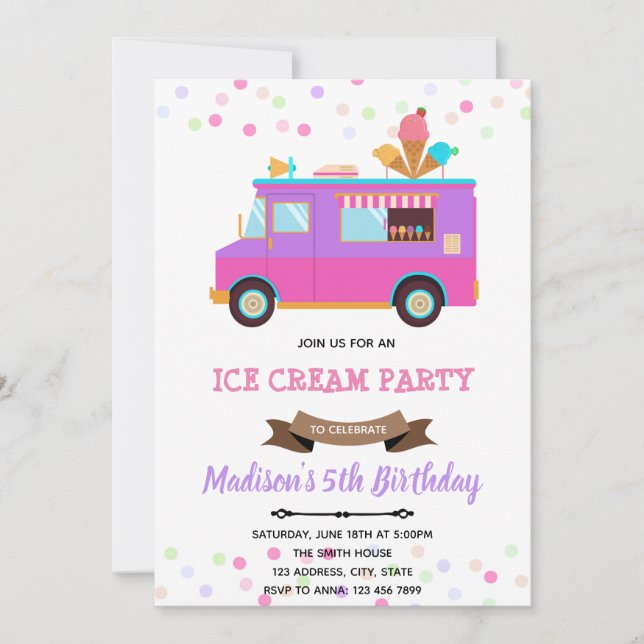 Invitation d'anniversaire de camion de glace migno (Devant)