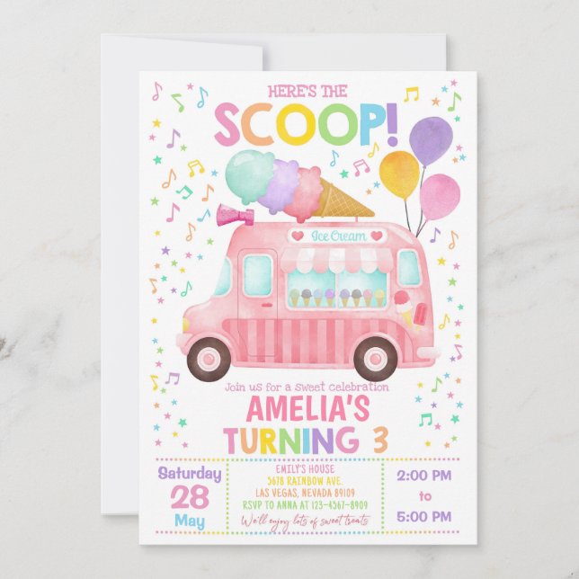 Invitation d'anniversaire de camion de glace pour  (Devant)