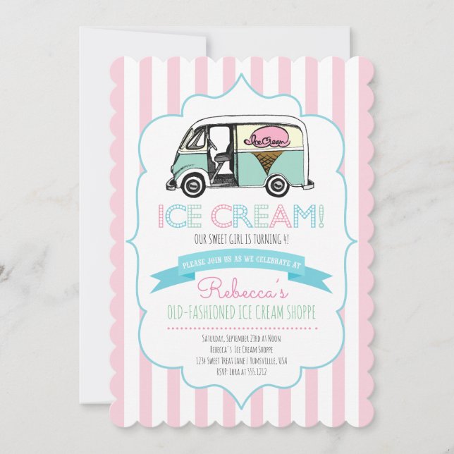 Invitation d'anniversaire de camion de glaces rayé (Devant)