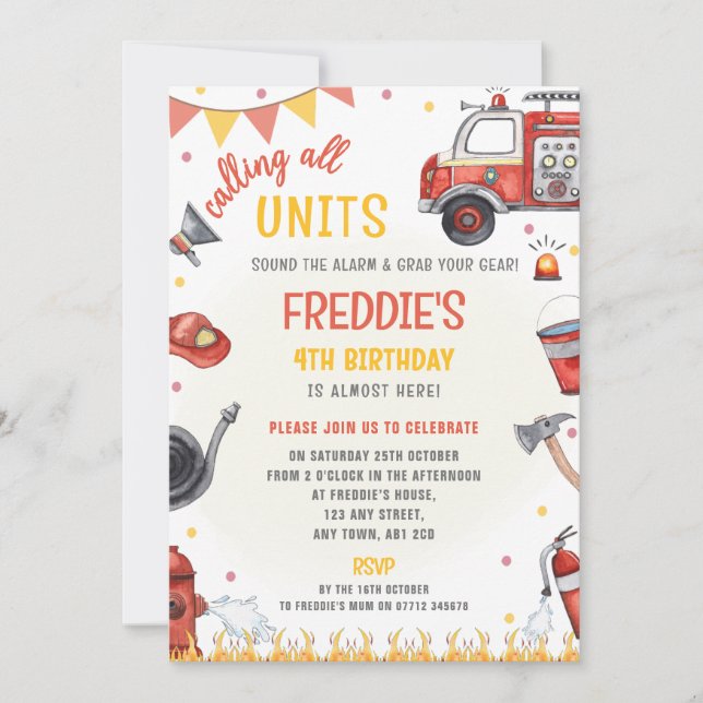 Invitation d'anniversaire de camion de pompiers -  (Devant)