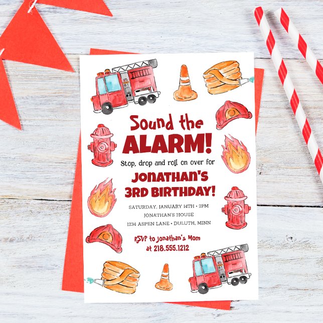 Invitation d'anniversaire de camion de pompiers de (Cute Hand Drawn Fire Truck Birthday Invitation)