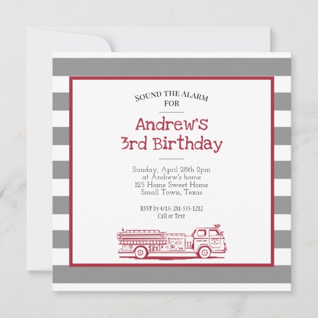 Invitation d'anniversaire de camion de pompiers ro (Devant)