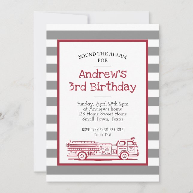 Invitation d'anniversaire de camion de pompiers ro (Devant)