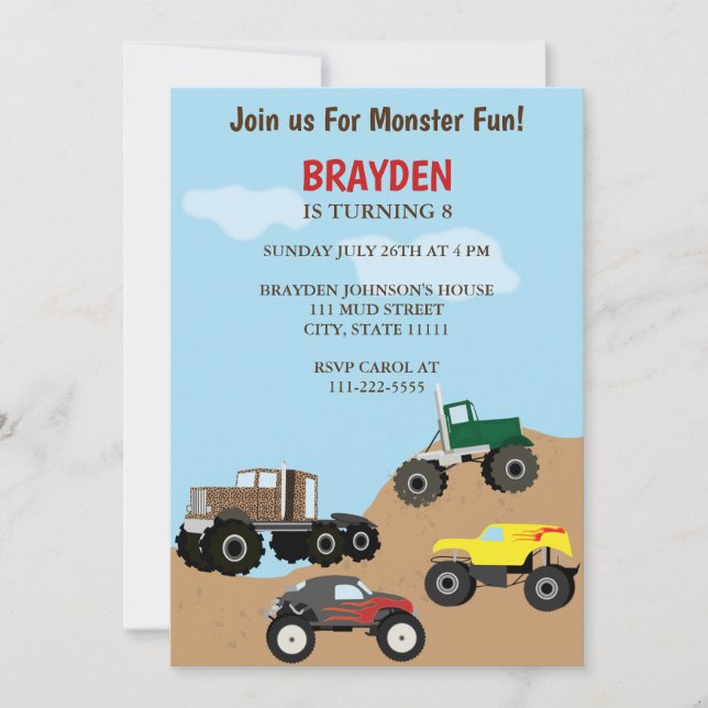 Invitation d'anniversaire de camion monstre pour e (Devant)