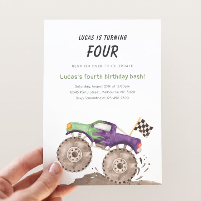 Invitation d'anniversaire de camion monstre violet (Créateur téléchargé)