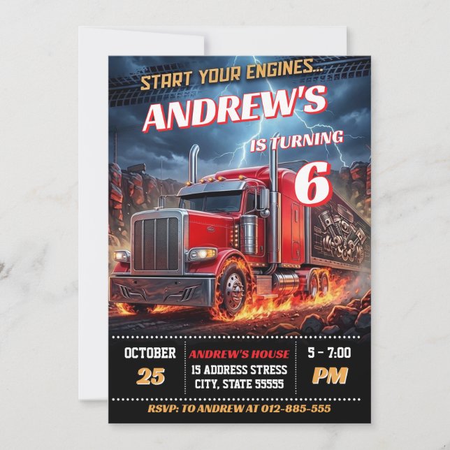 Invitation d'anniversaire de camion semi-remorque  (Devant)