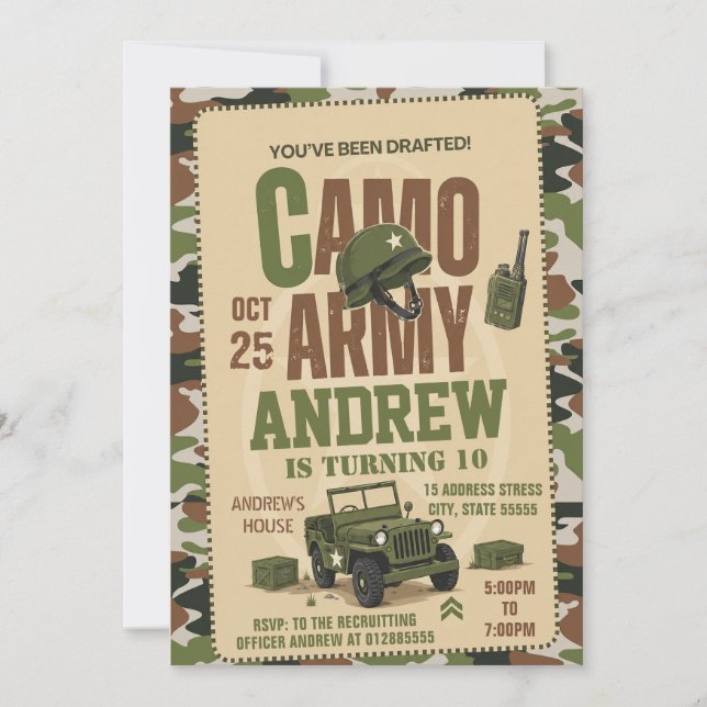 Invitation d'anniversaire de camouflage militaire  (Devant)