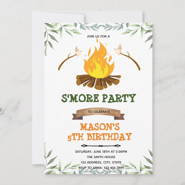 Invitation d'anniversaire de camp s'more de verdur (Devant)