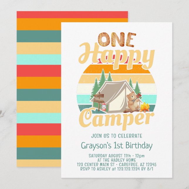 Invitation d'anniversaire de campeur heureux de la (Devant / Derrière)