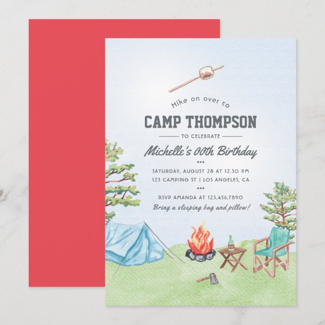 Invitation d'anniversaire de camping à l'aquarelle (Devant / Derrière)