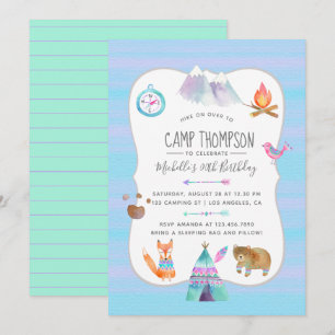 Invitation d'anniversaire de camping à l'aquarelle