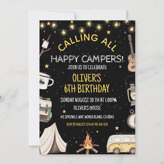 Invitation d'anniversaire de camping | Extérieur d (Devant)