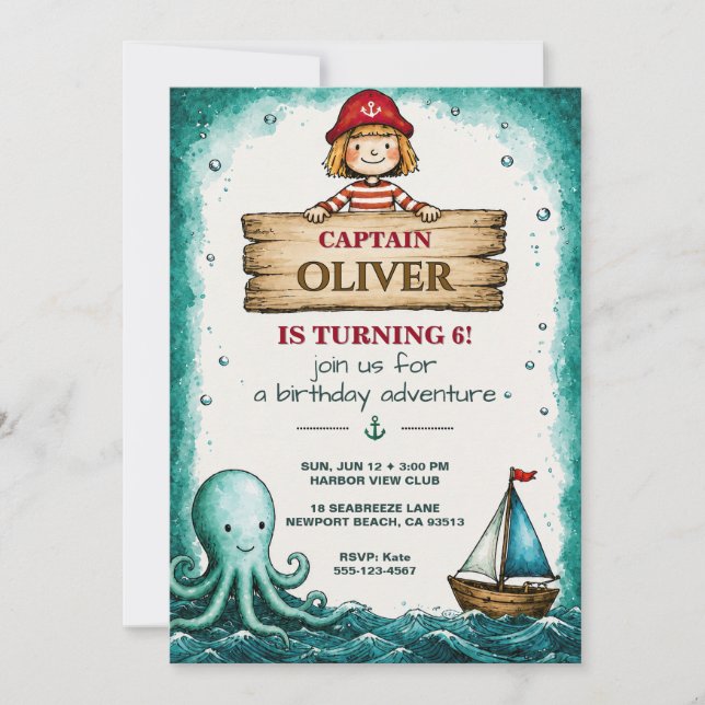 Invitation d'anniversaire de capitaine pirate (Devant)
