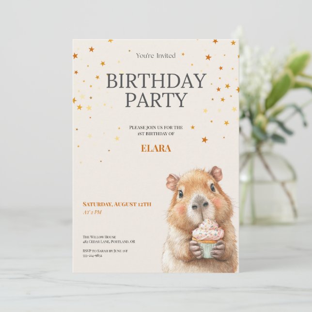 Invitation d'anniversaire de Capybara • Premier an (Debout devant)