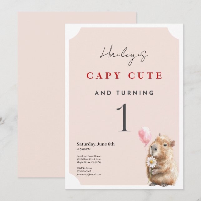 Invitation d'anniversaire de Capybara • Première f (Devant / Derrière)
