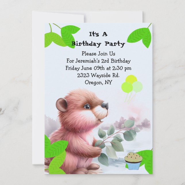 Invitation d'anniversaire de castor de la forêt (Devant)