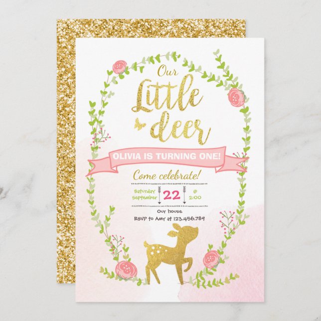 Invitation d'anniversaire de cerf Fête de bois ros (Devant / Derrière)