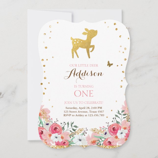 invitation d'anniversaire de cerfs Floral Woodland (Devant)