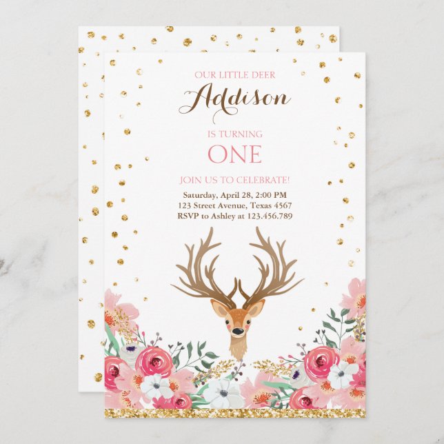 Invitation d'anniversaire de cerfs Woodland Gold P (Devant / Derrière)