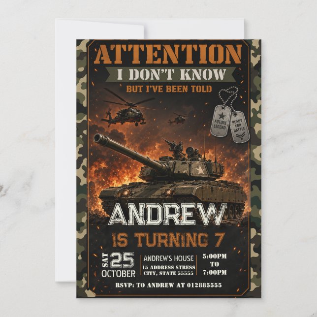 Invitation d'anniversaire de char militaire person (Devant)
