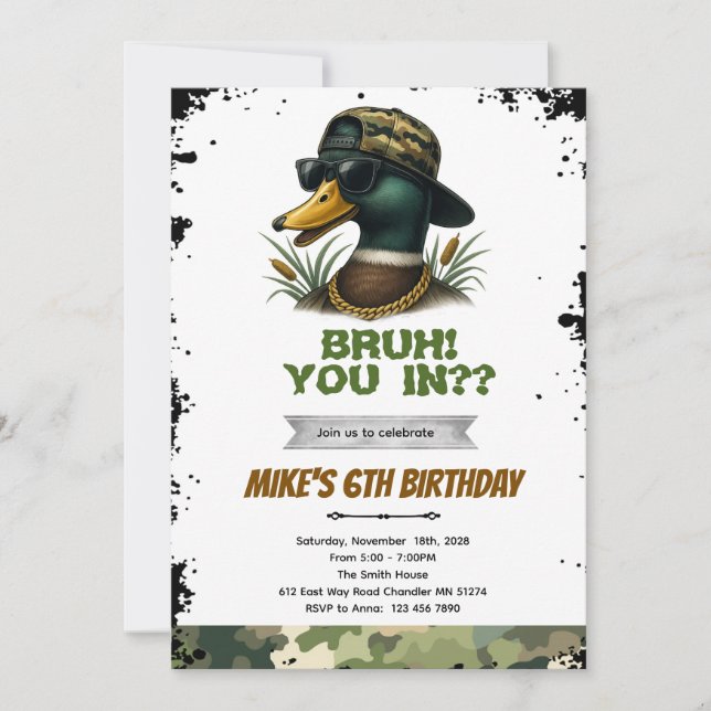 Invitation d'anniversaire de chasse au canard Bruh (Devant)