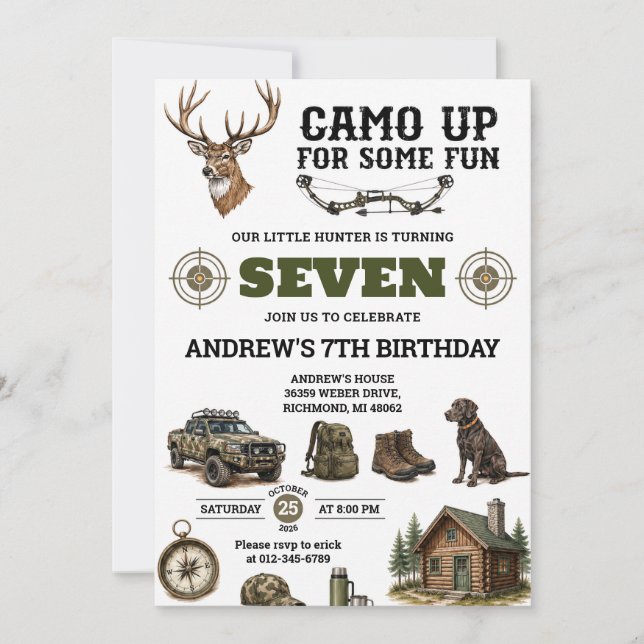 Invitation d'anniversaire de chasse camouflage per (Devant)