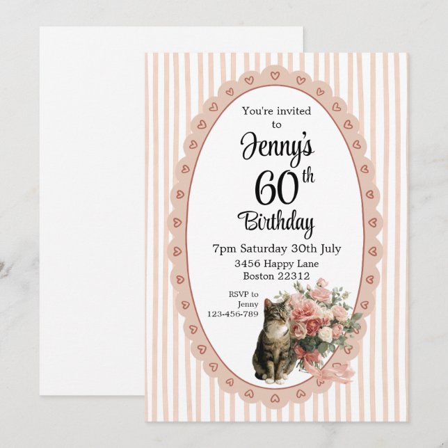 Invitation d'anniversaire de chat floral aquarelle (Devant / Derrière)
