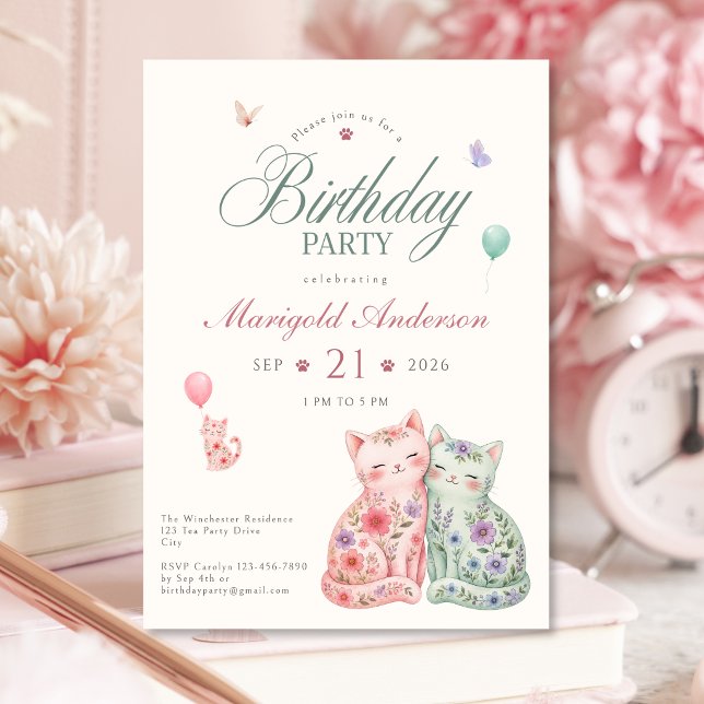 Invitation d'anniversaire de chat floral pastel po (Pastel Floral Cat Birthday Invitation for Girls)