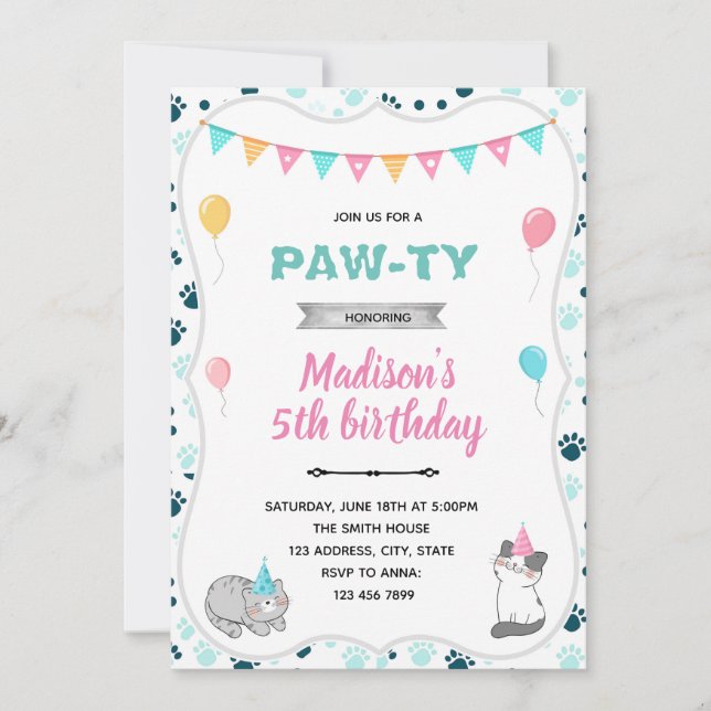 Invitation d'anniversaire de chat mignon (Devant)