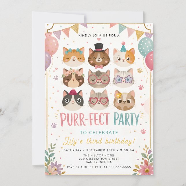 Invitation d'anniversaire de chat parfaite (Devant)