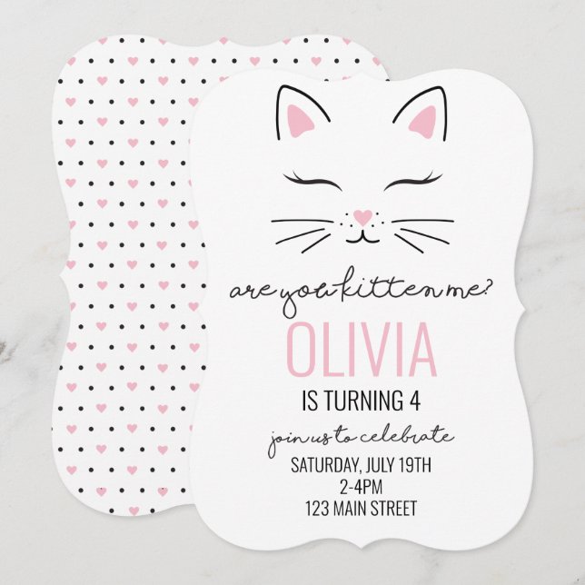 Invitation d'anniversaire de chaton avec coeurs ro (Devant / Derrière)