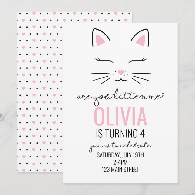 Invitation d'anniversaire de chaton avec coeurs ro (Devant / Derrière)
