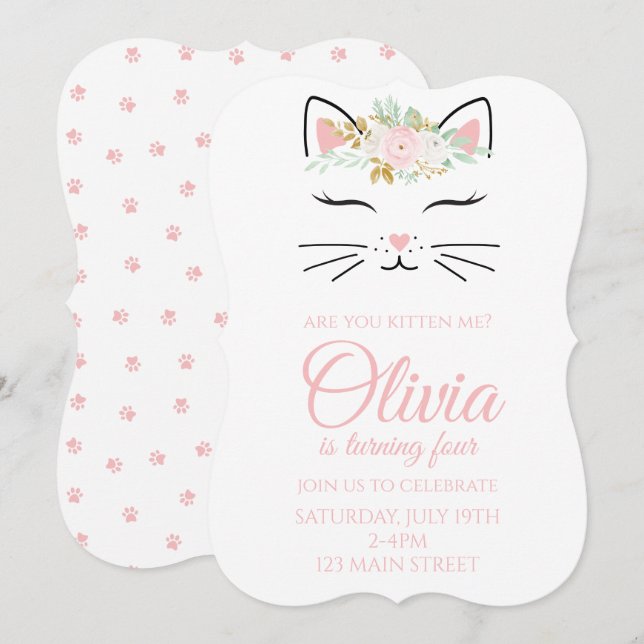 Invitation d'anniversaire de chaton avec visage de (Devant / Derrière)