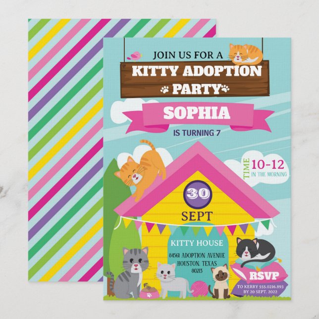 Invitation d'anniversaire de chaton / Fête de chat (Devant / Derrière)