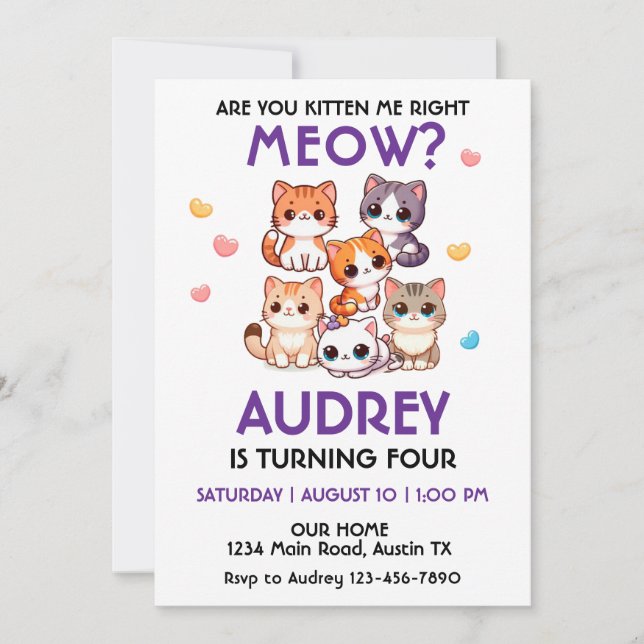 Invitation d'anniversaire de chaton mignon (Devant)