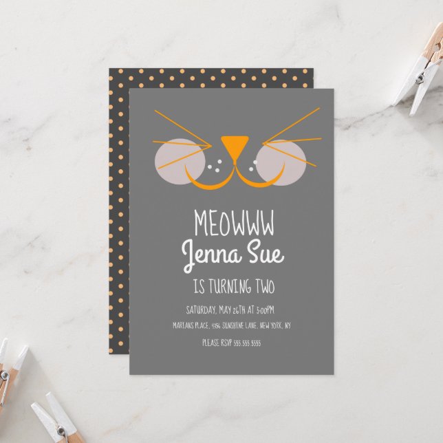 Invitation d'anniversaire de chaton mignon chat gr (Devant/Arrière en situation)