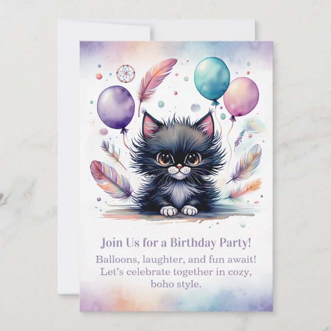 Invitation d'anniversaire de chaton noir Mignon Bo (Devant)