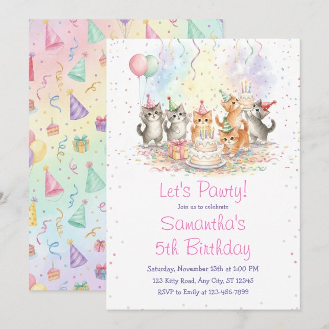 Invitation d'anniversaire de chaton, Thème de fill (Devant / Derrière)