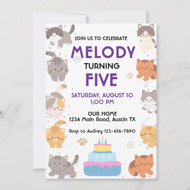 Invitation d'anniversaire de chats mignons (Devant)