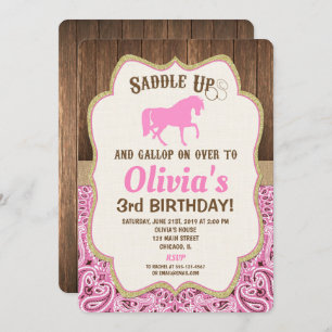 Invitation d'anniversaire de cheval fille d'or ros